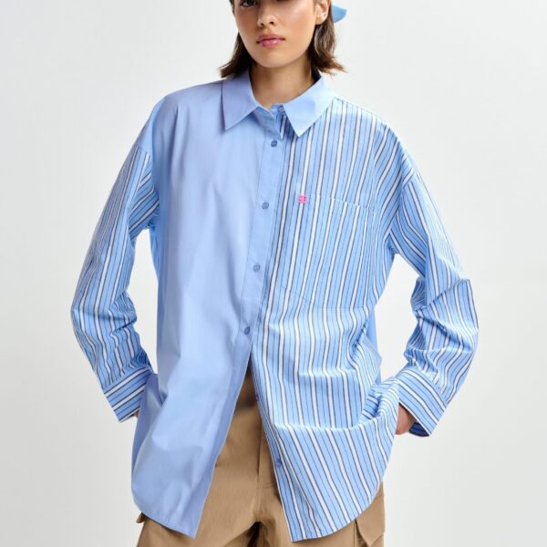 dark blue and white striped panel detail cotton shirt