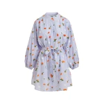 Light blue knee-length dress with mandarin collar and green and orange embellishments