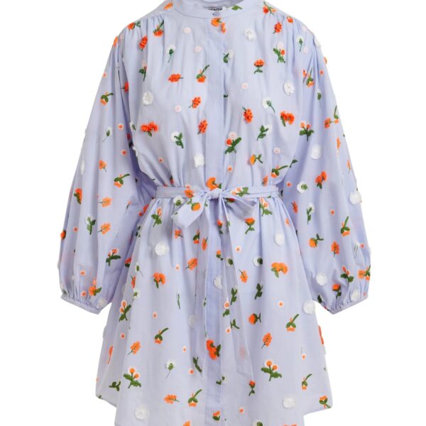 Light blue knee-length dress with mandarin collar and green and orange embellishments