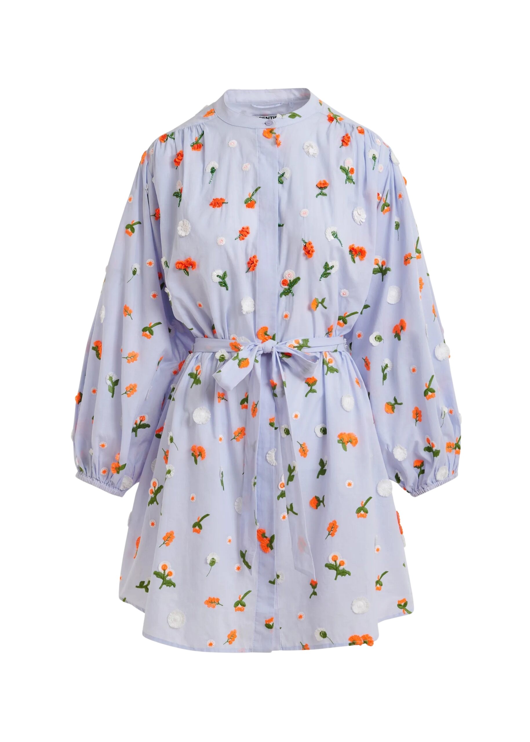 Light blue knee-length dress with mandarin collar and green and orange embellishments