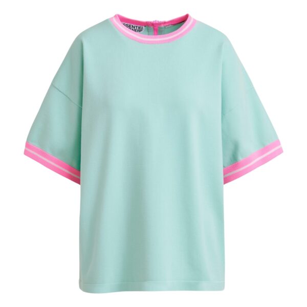 Light blue knit T-shirt with pink contrasting trim