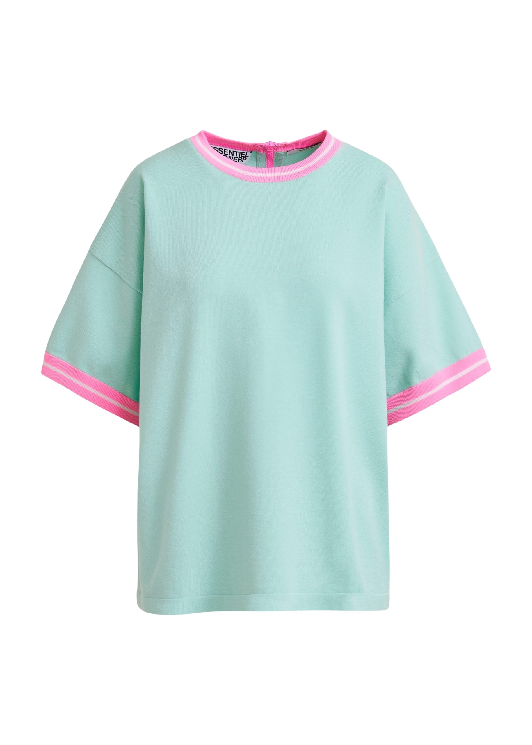 Light blue knit T-shirt with pink contrasting trim