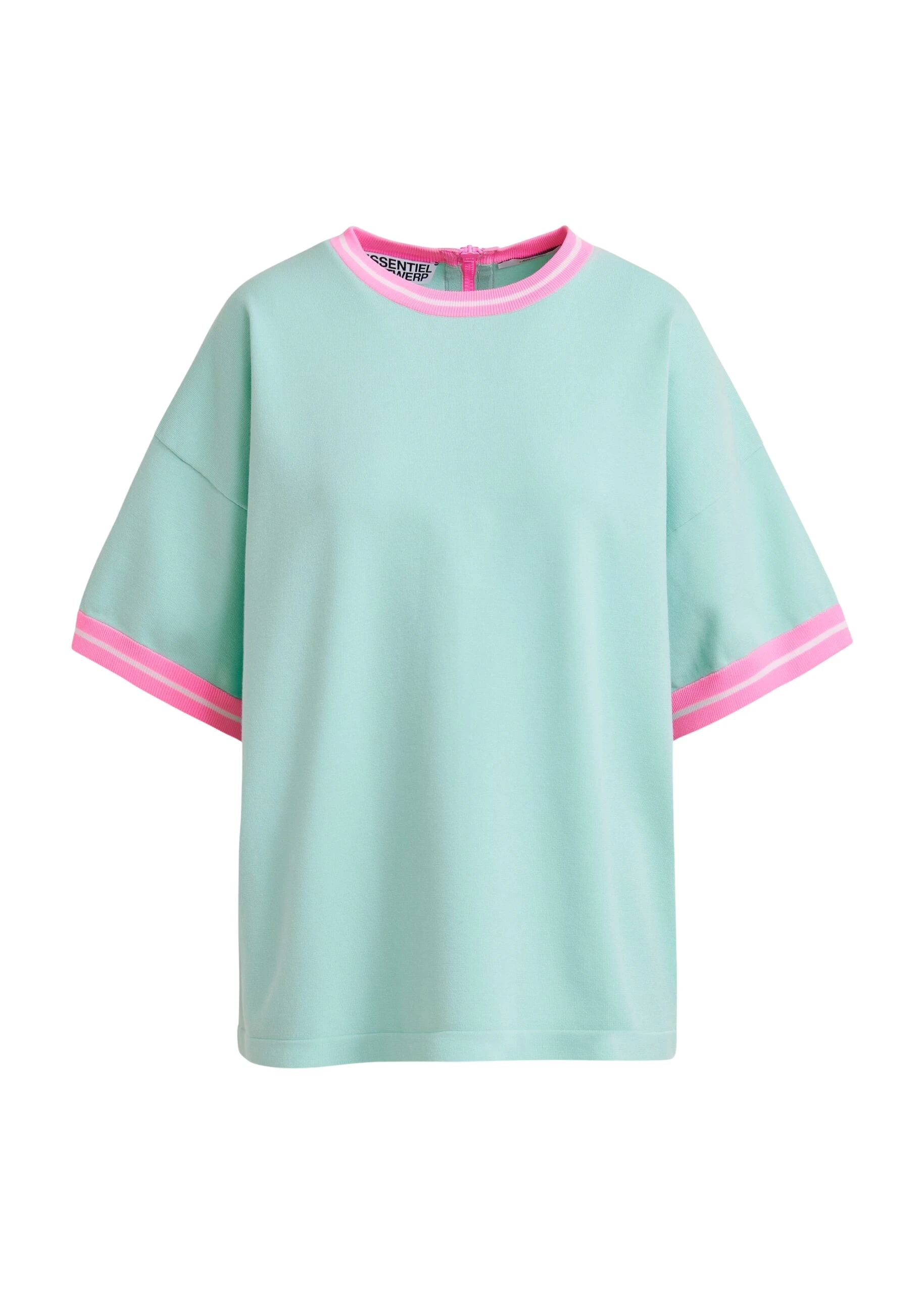 Essentiel-Antwerp-Light-blue-knit-T-shirt-with-pink-contrasting-trim-scaled73332_nobg Light blue knit T-shirt with pink contrasting trim