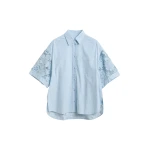 Light blue oversized cotton short-sleeve shirt with lace inserts
