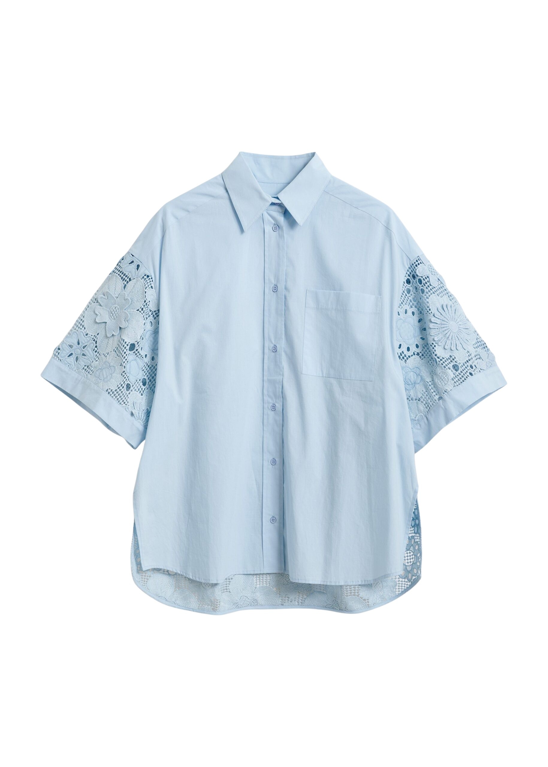 Essentiel Antwerp Light blue oversized cotton short-sleeve shirt with lace inserts