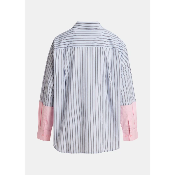 Essentiel Antwerp Light blue striped cotton shirt with Peanuts™ embroidery and pink contrast sleeves, view 2