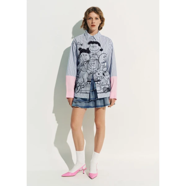 Essentiel Antwerp Light blue striped cotton shirt with Peanuts™ embroidery and pink contrast sleeves, view 3
