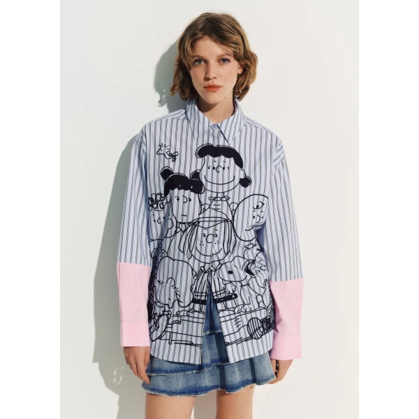 Essentiel Antwerp Light blue striped cotton shirt with Peanuts™ embroidery and pink contrast sleeves, view 4