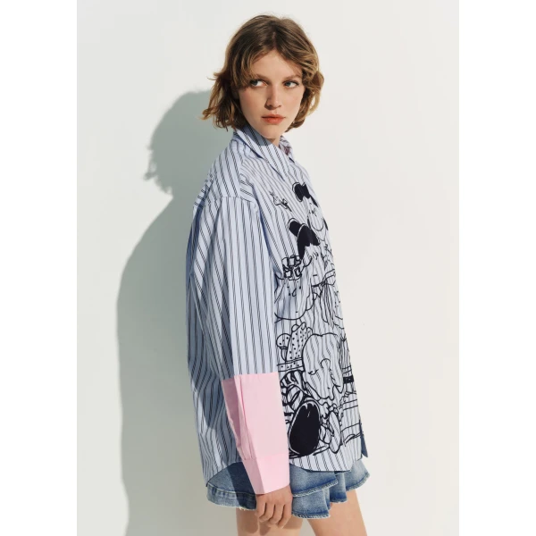Essentiel Antwerp Light blue striped cotton shirt with Peanuts™ embroidery and pink contrast sleeves, view 5