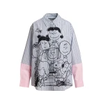 Light blue striped cotton shirt with Peanuts™ embroidery and pink contrast sleeves