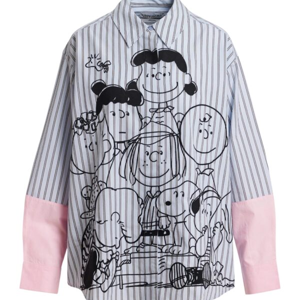 Light blue striped cotton shirt with Peanuts™ embroidery and pink contrast sleeves