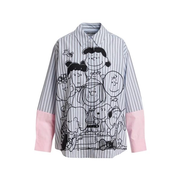 Essentiel Antwerp Light blue striped cotton shirt with Peanuts™ embroidery and pink contrast sleeves