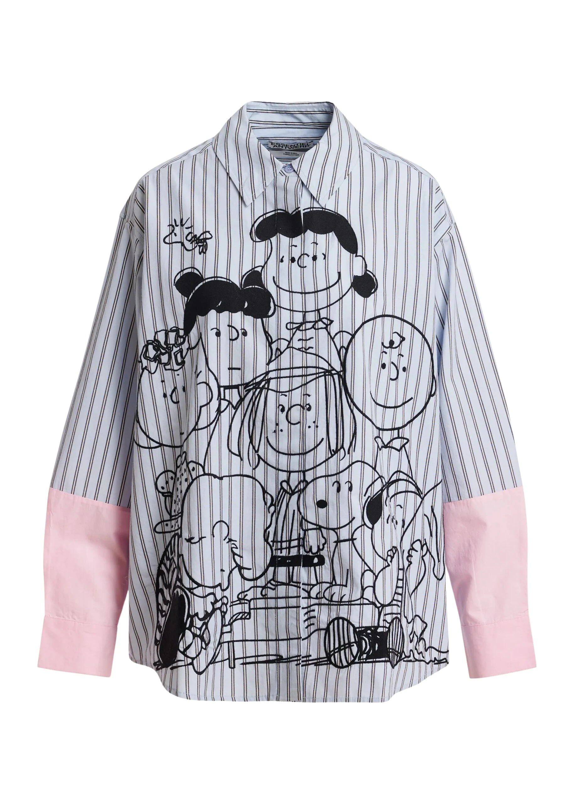 Essentiel-Antwerp-Light-blue-striped-cotton-shirt-with-Peanuts™-embroidery-and-pink-contrast-sleeves-scaled60615_nobg Light blue striped cotton shirt with Peanuts™ embroidery and pink contrast sleeves