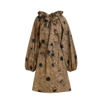 Light brown and black cotton mini dress with voluminous sleeves and adjustable neckline