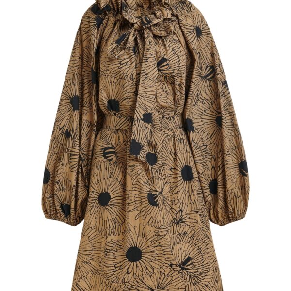 Light brown and black cotton mini dress with voluminous sleeves and adjustable neckline