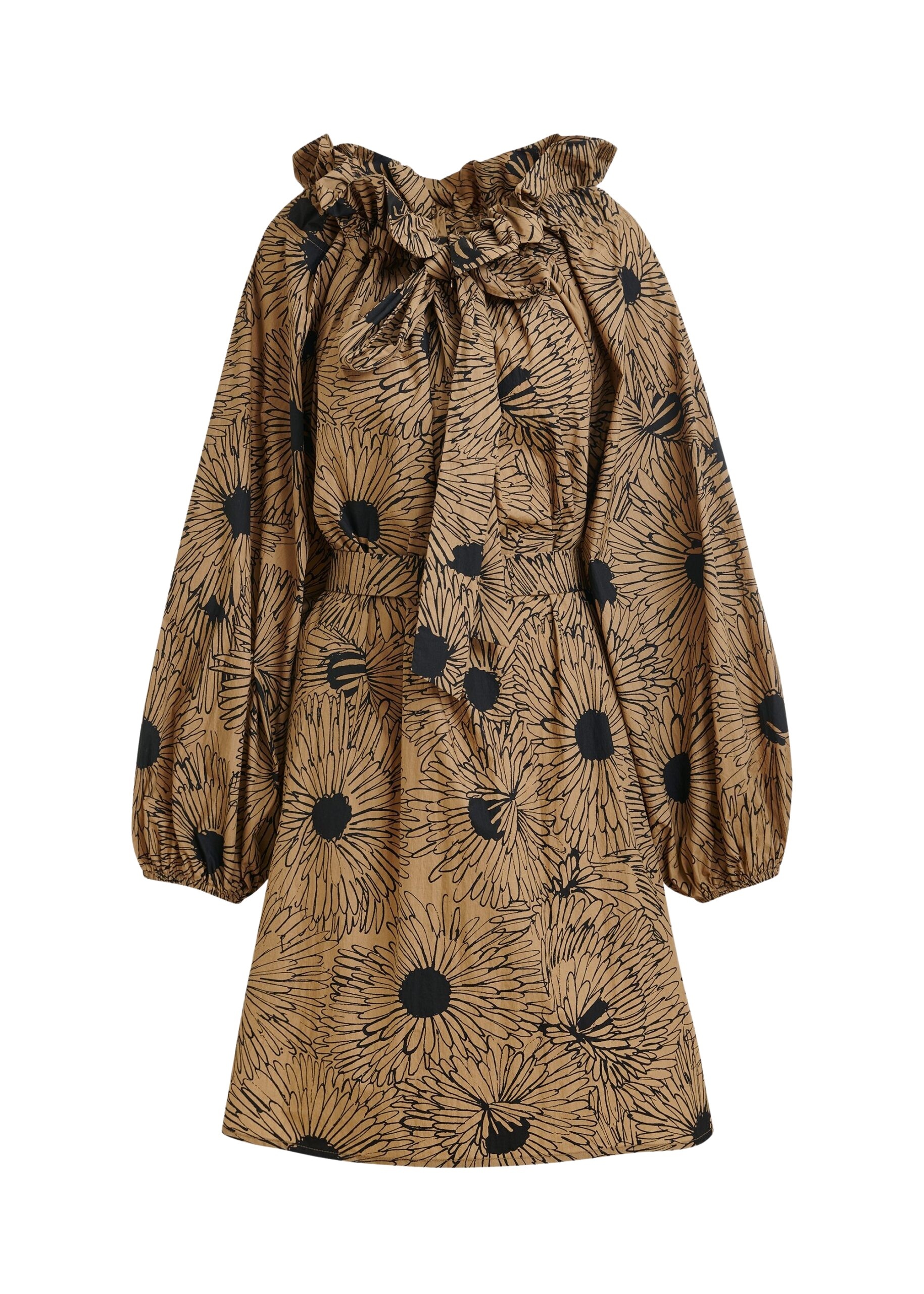Light brown and black cotton mini dress with voluminous sleeves and adjustable neckline