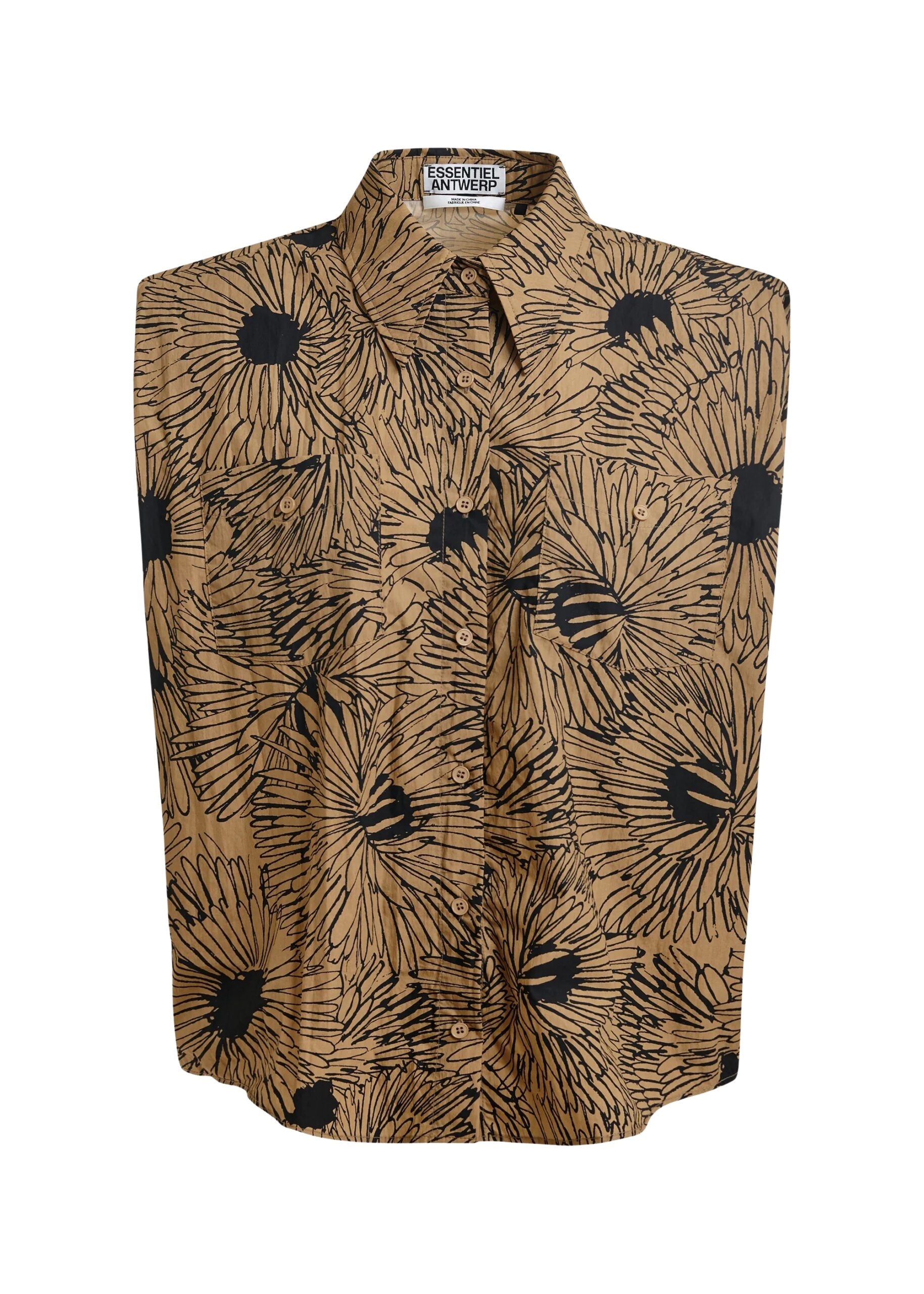 Light brown and black sleeveless shirt with padded shoulders