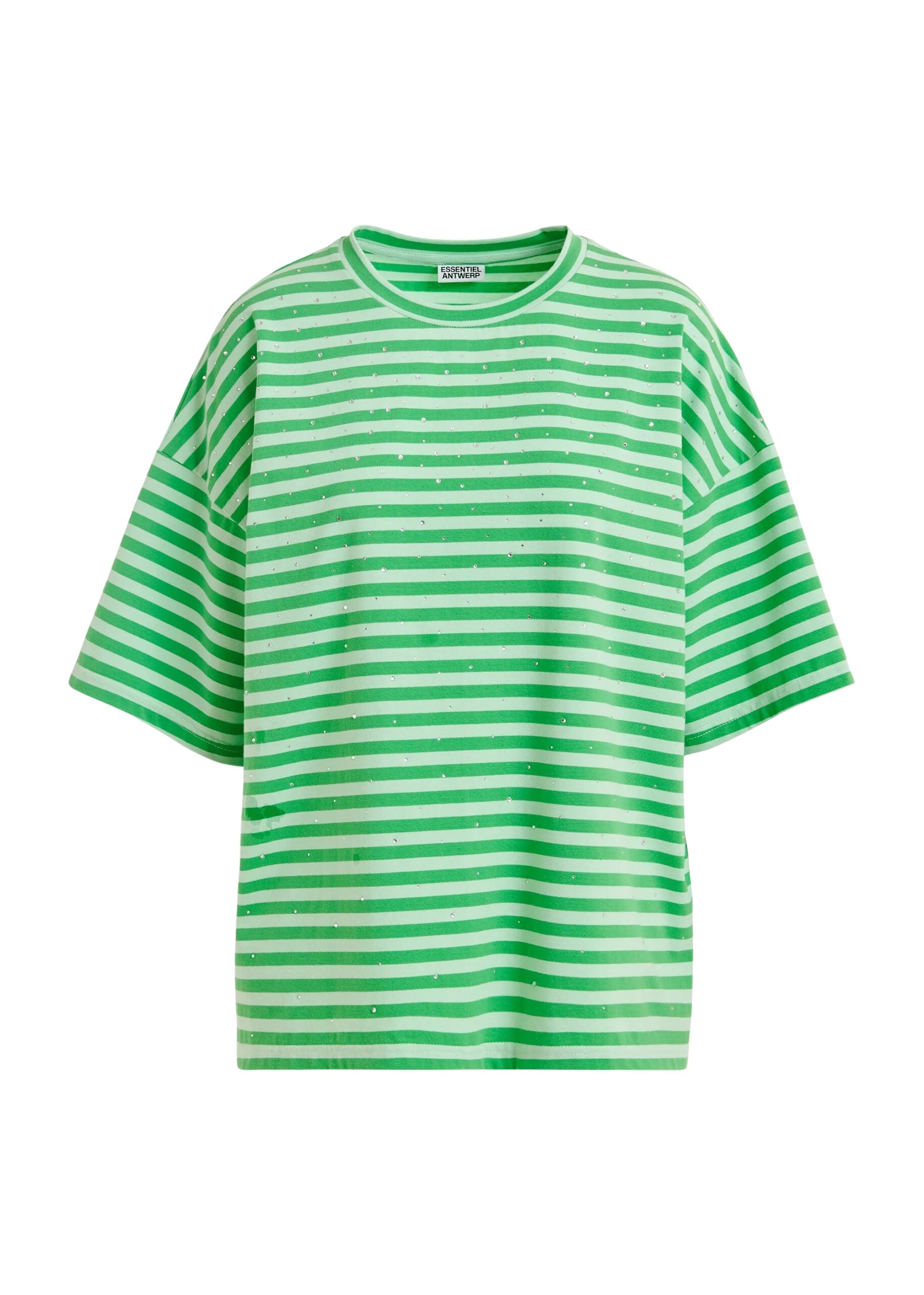 Light green and green striped rhinestone-embellished oversized cotton T-shirt