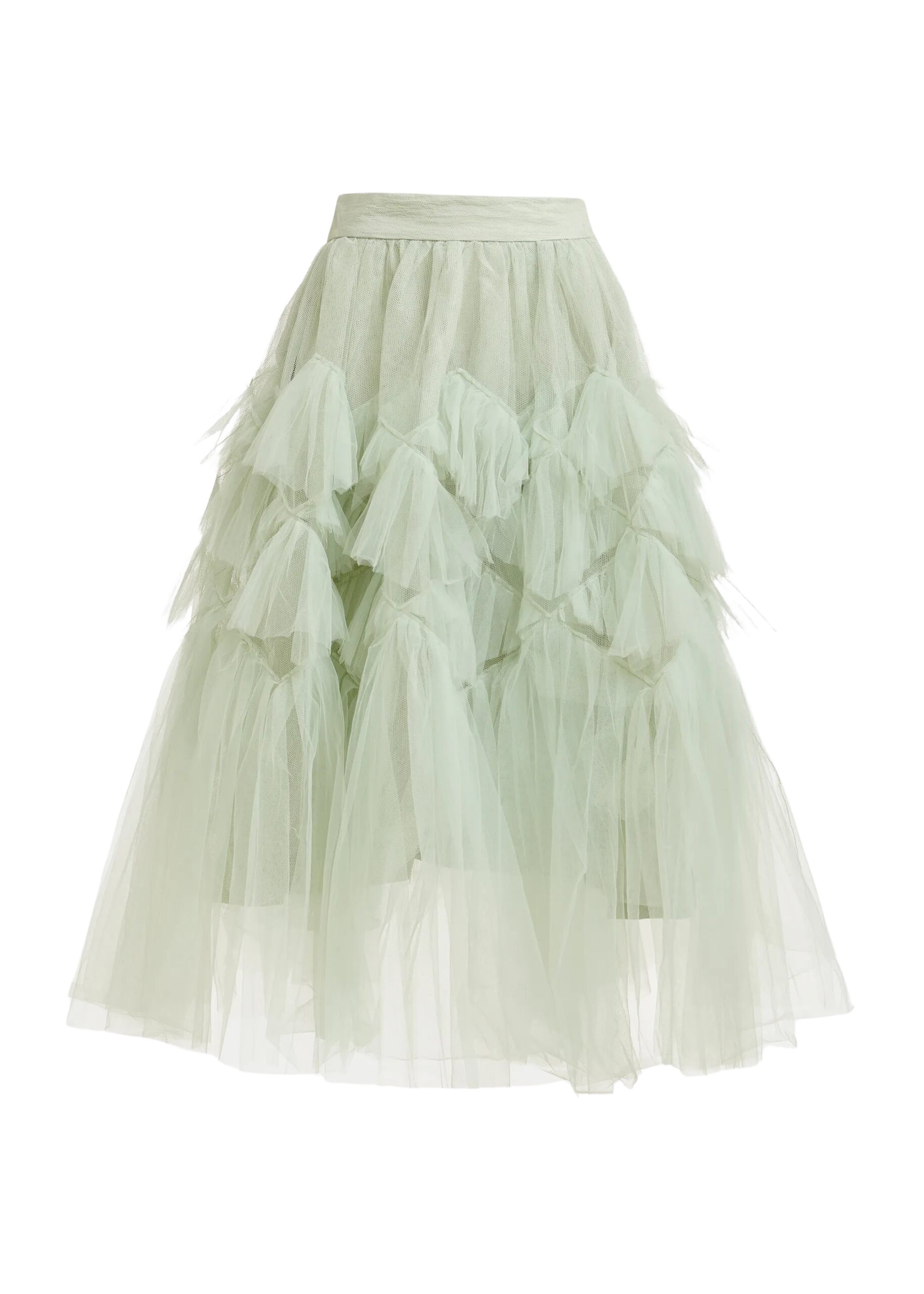 Light green asymmetrical tiered tulle midi skirt