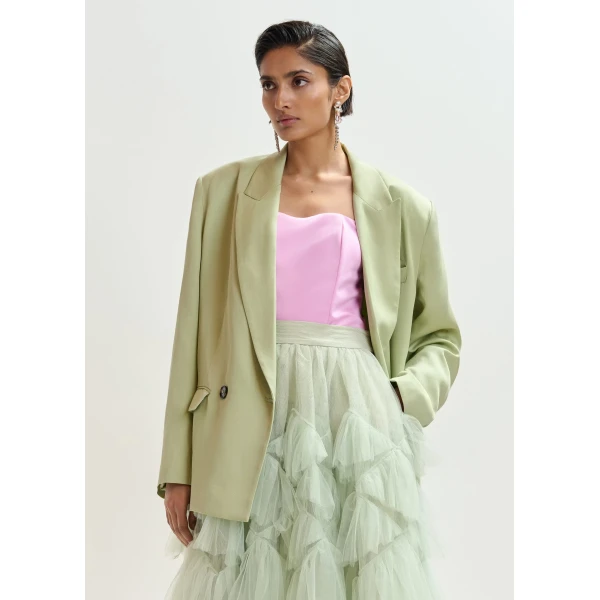 Essentiel Antwerp Light green straight-cut double-breasted blazer, view 2