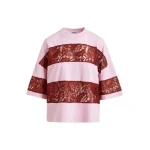 Light pink and bordeaux cotton striped lace insert T-shirt