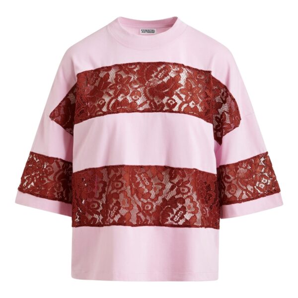 Light pink and bordeaux cotton striped lace insert T-shirt