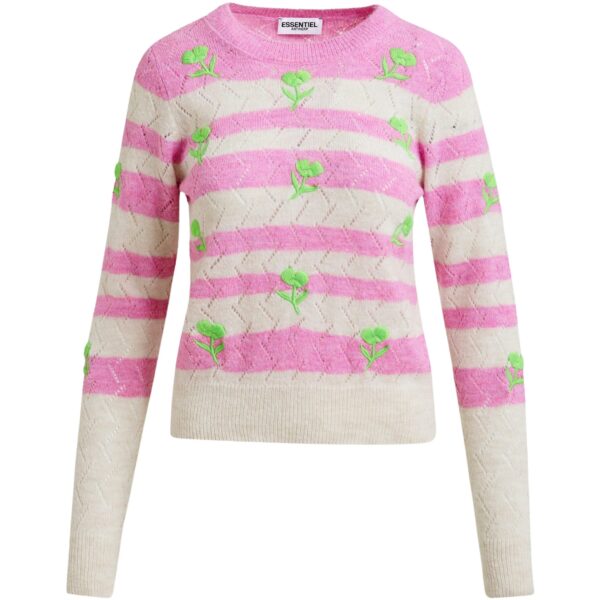 Light pink and pink striped intarsia-knitted sweater with green flower embroidery