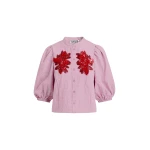 Light pink and red floral sequin and bead-embellished shirt with voluminous sleeves