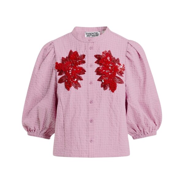 Light pink and red floral sequin and bead-embellished shirt with voluminous sleeves