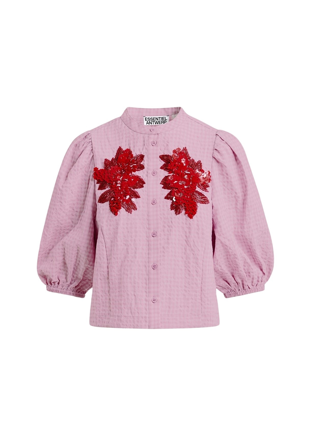Light pink and red floral sequin and bead-embellished shirt with voluminous sleeves