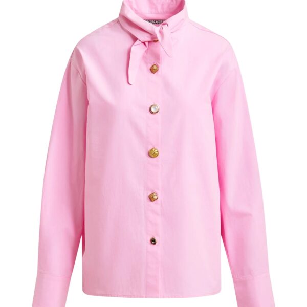 Light pink cotton shirt with elongated collar and mismatched buttons