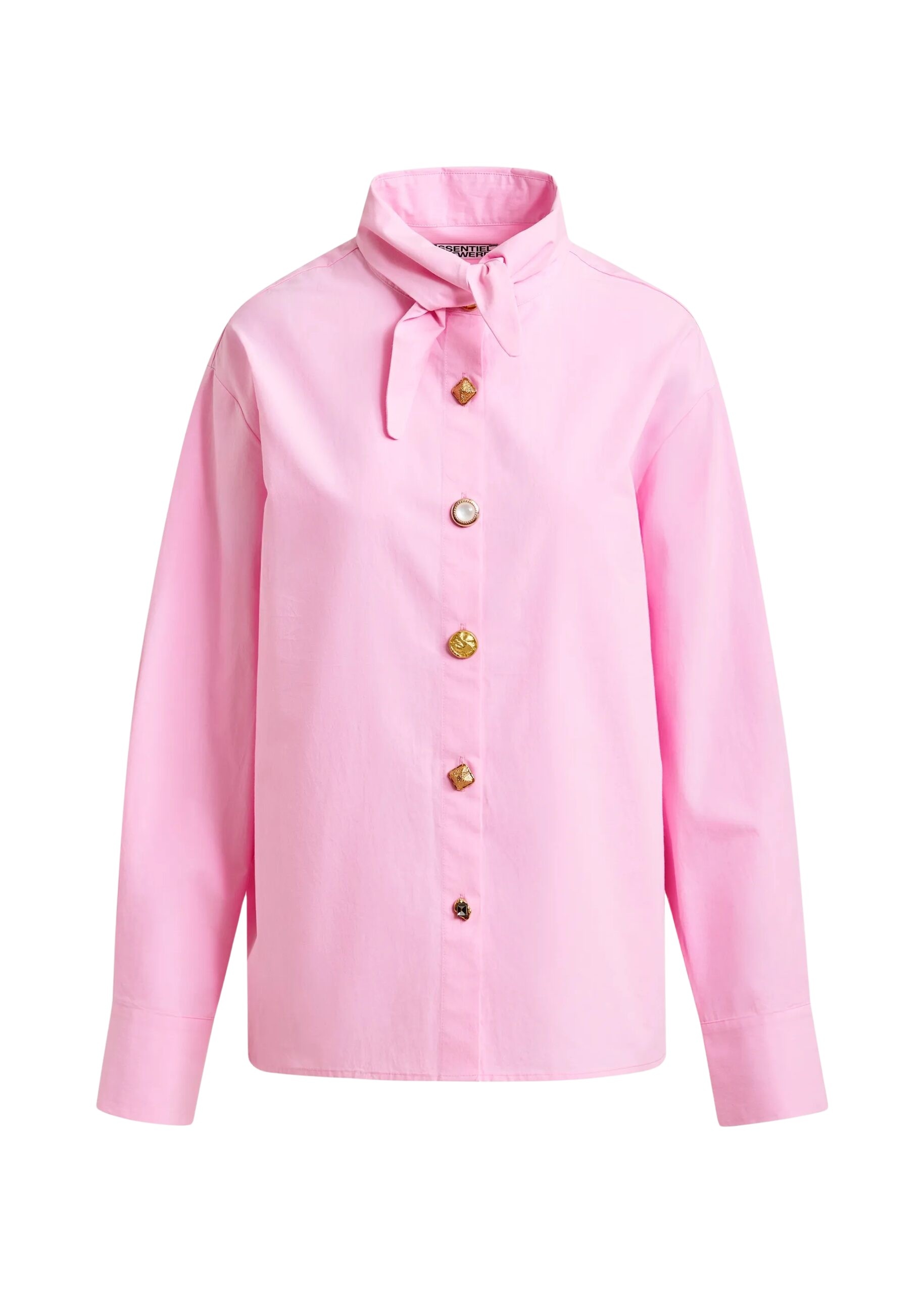 Light pink cotton shirt with elongated collar and mismatched buttons