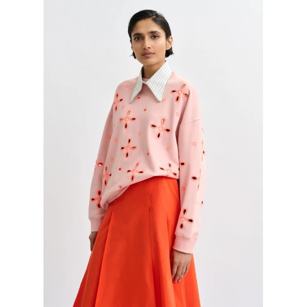 Essentiel Antwerp Light pink cotton sweatshirt with orange flower embroideries Top, view 3