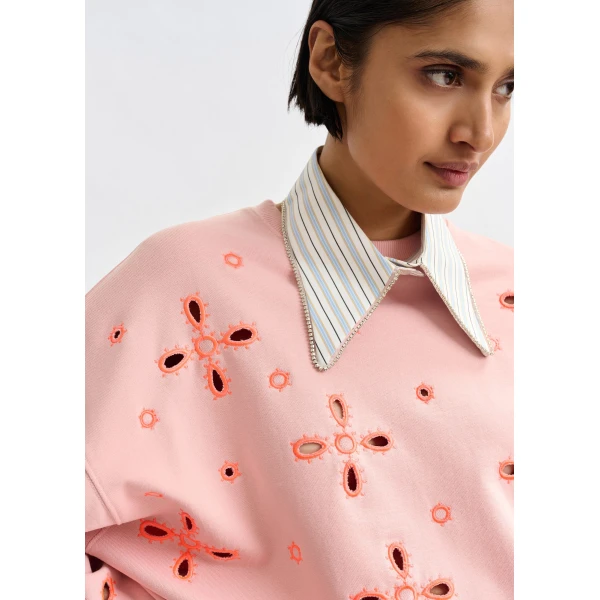 Essentiel Antwerp Light pink cotton sweatshirt with orange flower embroideries Top, view 4