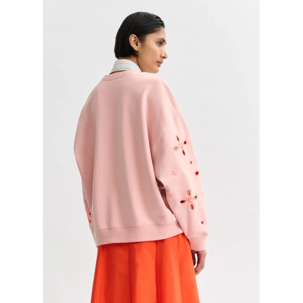 Essentiel Antwerp Light pink cotton sweatshirt with orange flower embroideries Top, view 5