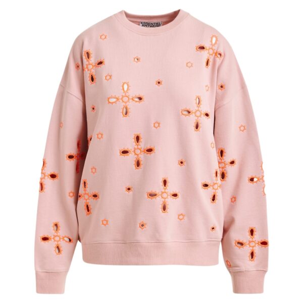 Light pink cotton sweatshirt with orange flower embroideries