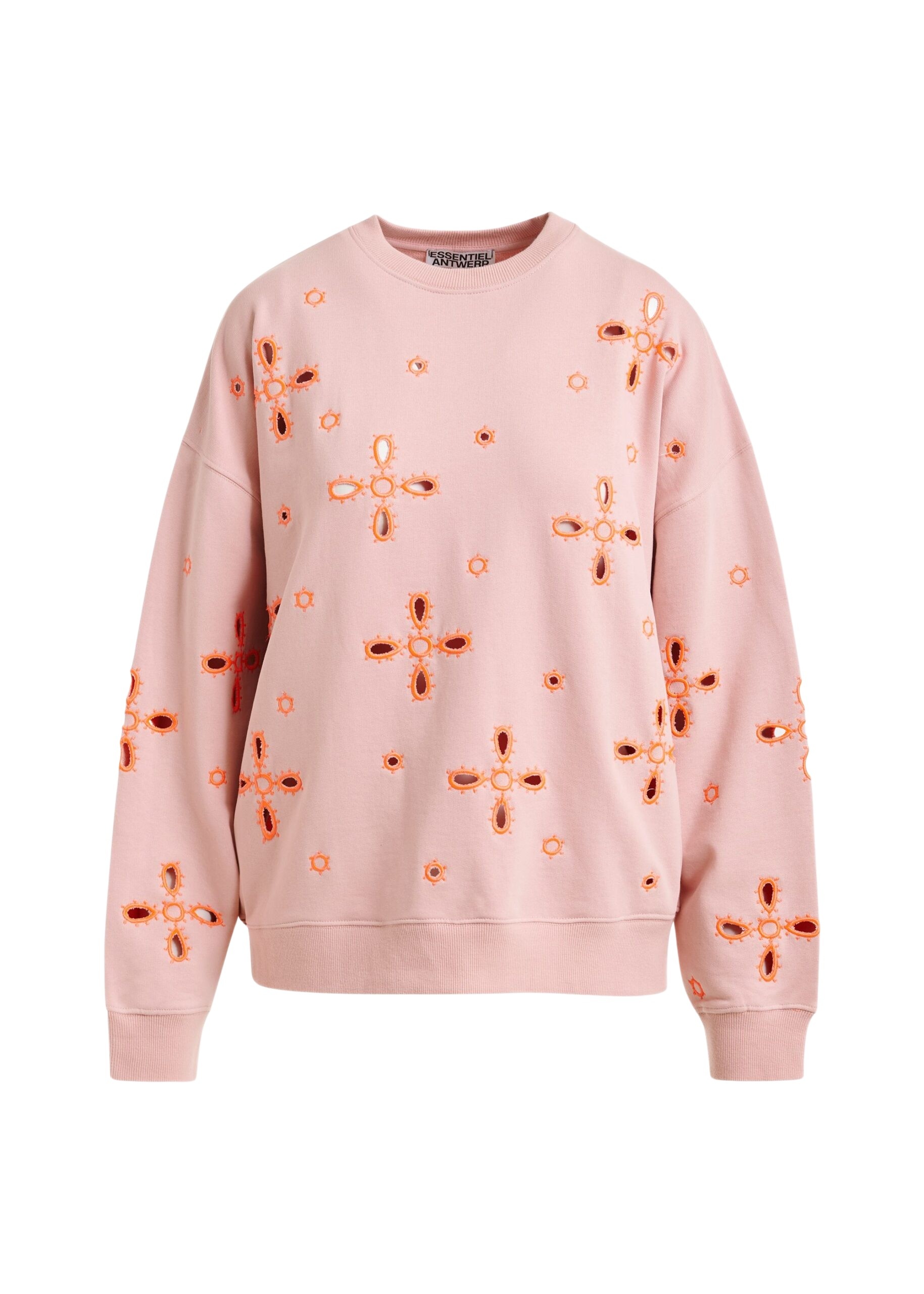 Light pink cotton sweatshirt with orange flower embroideries