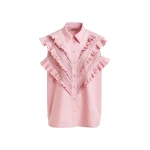 Light pink embellished sleeveless cotton shirt with ruffle details