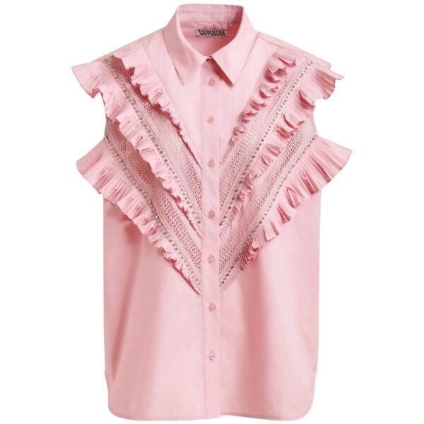 Light pink embellished sleeveless cotton shirt with ruffle details