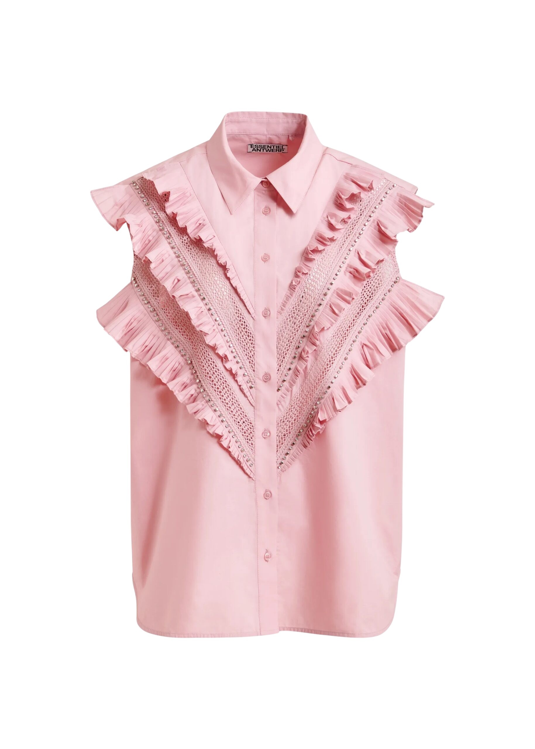 Light pink embellished sleeveless cotton shirt with ruffle details