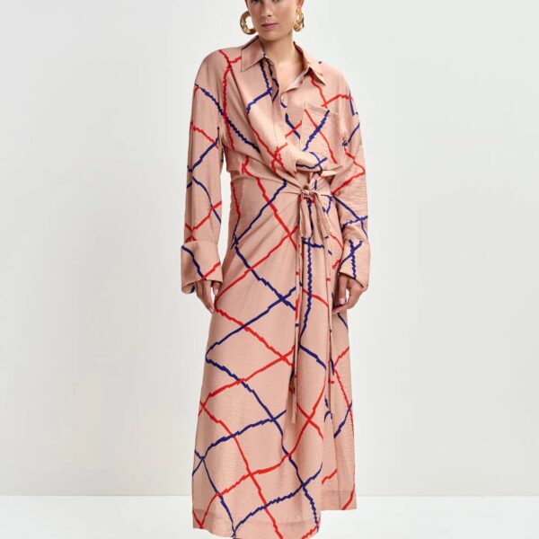 red and blue checked oversized maxi dress
