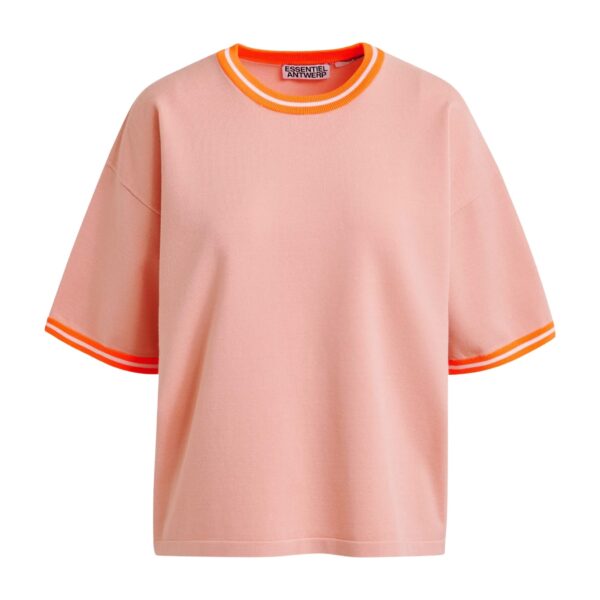 Light pink slightly cropped knit T-shirt with orange contrasting trim