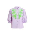 Light purple and green cotton shirt with appliqué flowers with mandarin collar