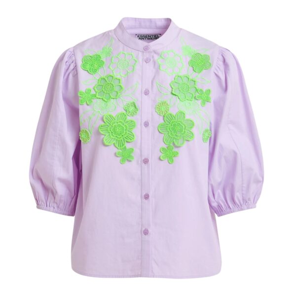 Light purple and green cotton shirt with appliqué flowers with mandarin collar