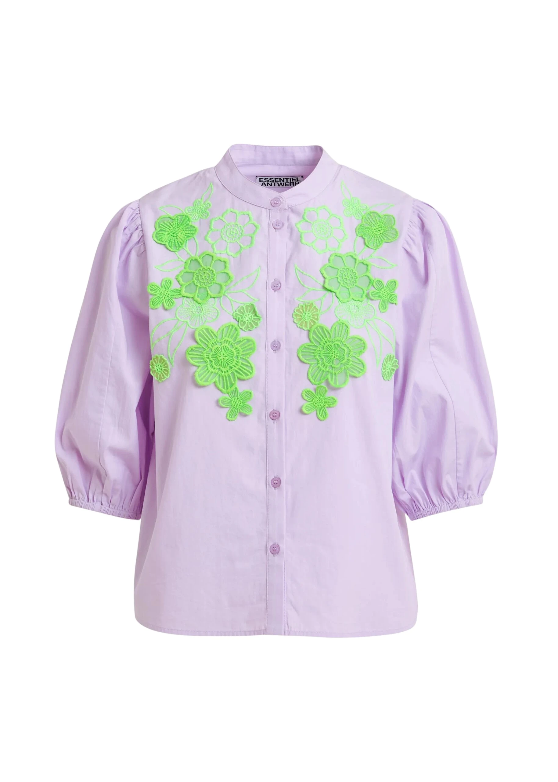 Essentiel-Antwerp-Light-purple-and-green-cotton-shirt-with-applique-flowers-with-mandarin-collar-scaled91333_nobg Light purple and green cotton shirt with appliqué flowers with mandarin collar