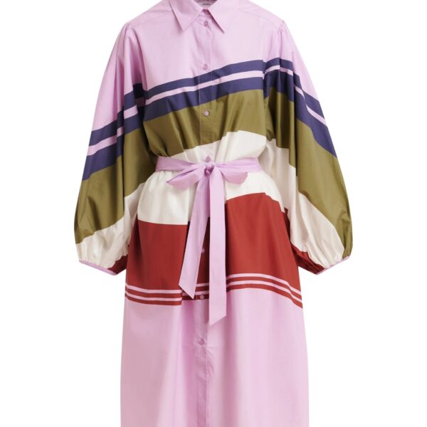 Lilac and multicolor oversized cotton shirt dress with placed stripe print