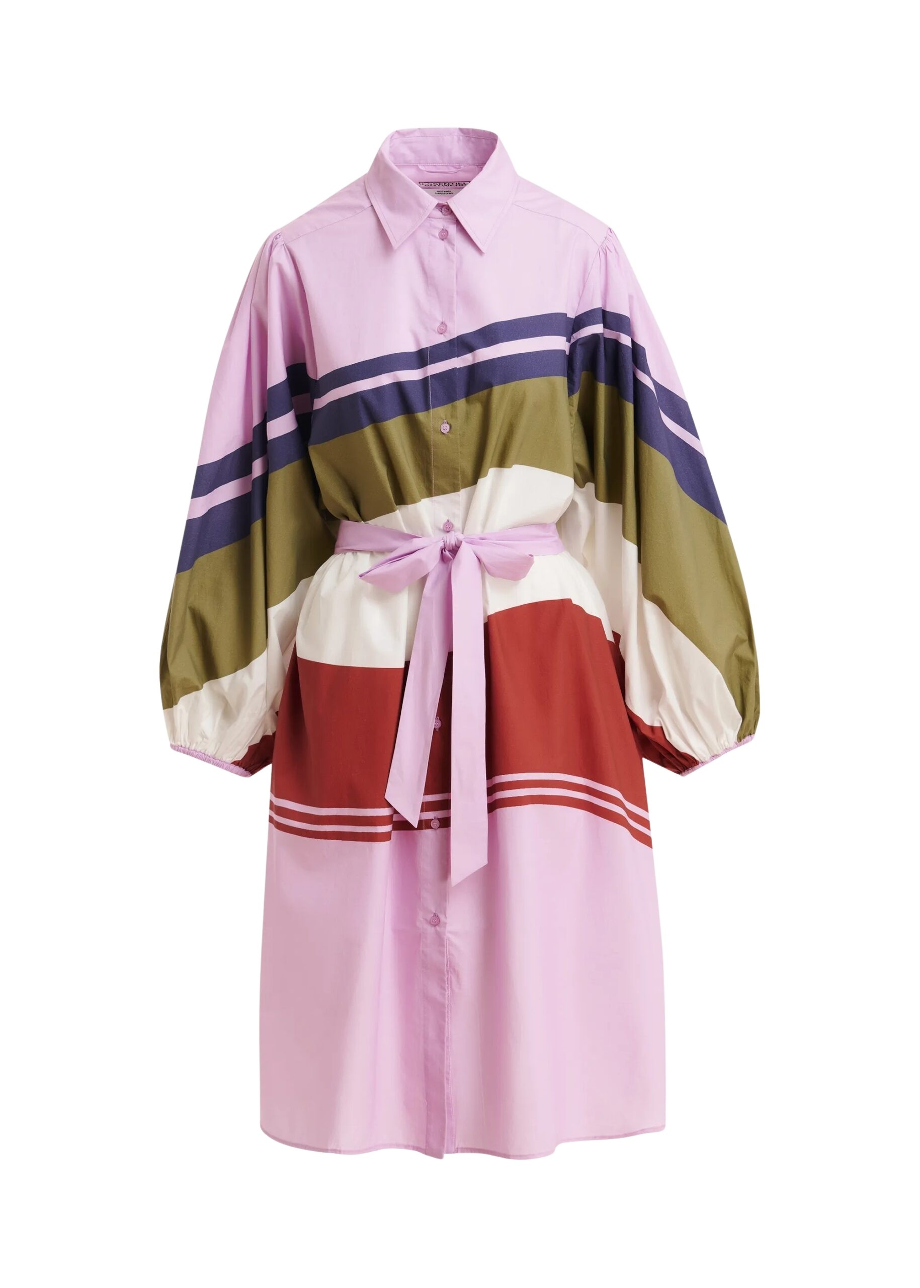 Lilac and multicolor oversized cotton shirt dress with placed stripe print