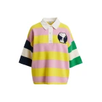 Lilac and yellow striped polo sweater with Peanuts™ patch and text