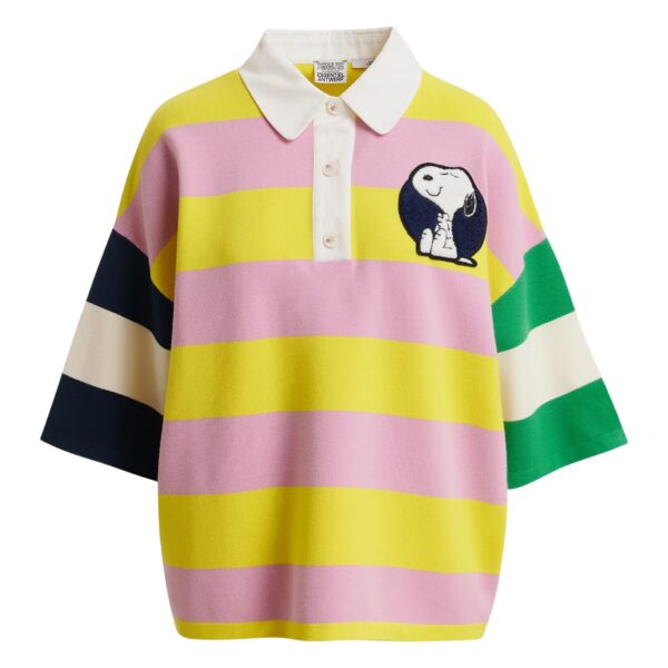 Lilac and yellow striped polo sweater with Peanuts™ patch and text