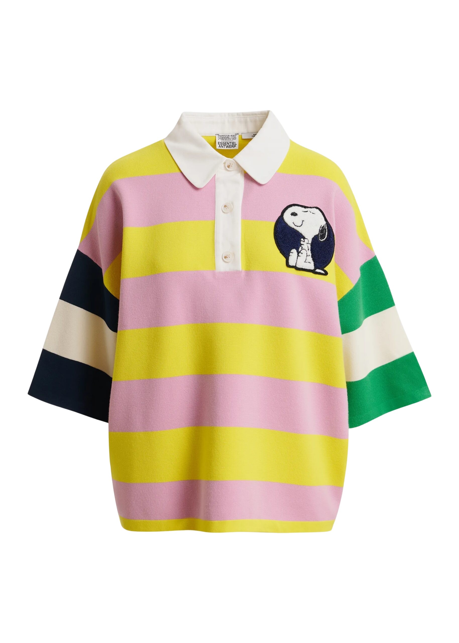 Lilac and yellow striped polo sweater with Peanuts™ patch and text